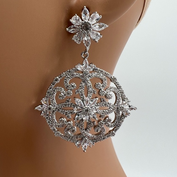 Simulated Diamond Medallion Silver Earrings - Picture 4 of 4